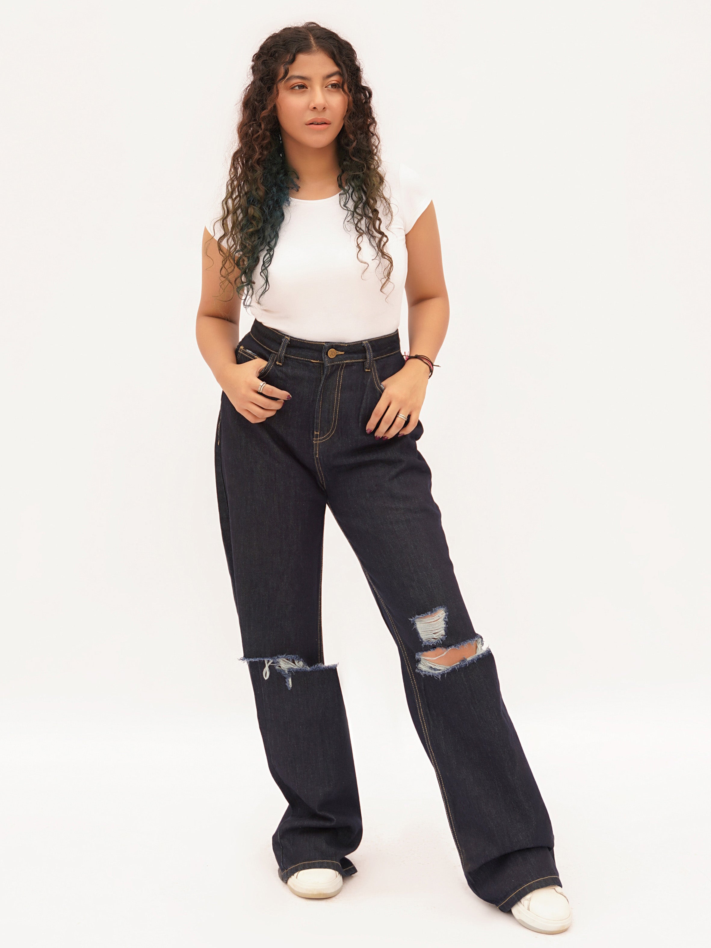 Blue Ripped Wide-Leg Jeans – club76